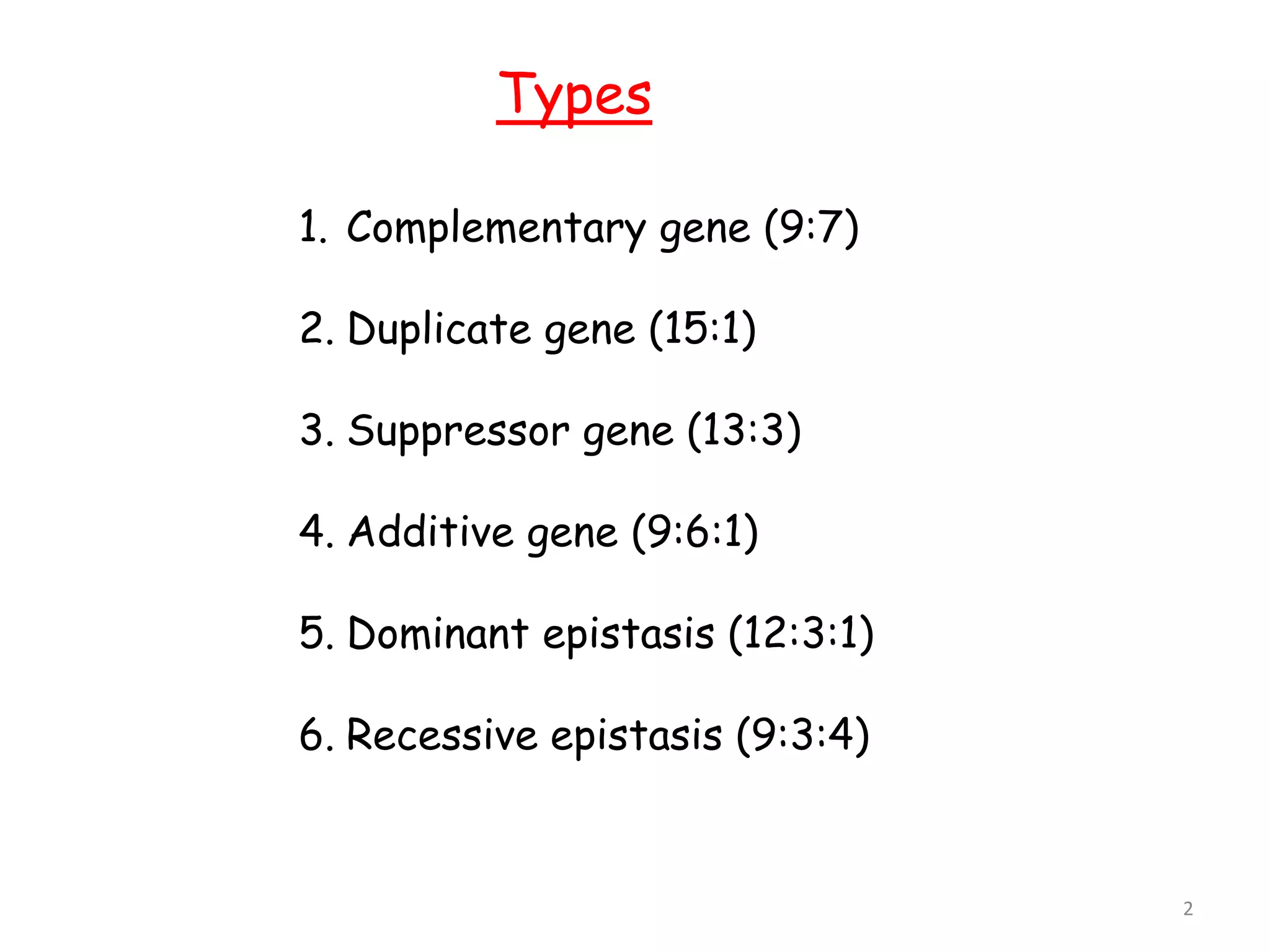 2
1. Complementary gene (9:7)
2. Duplicate gene (15:1)
3. Suppressor gene (13:3)
4. Additive gene (9:6:1)
5. Dominant epistasis (12:3:1)
6. Recessive epistasis (9:3:4)
Types
 