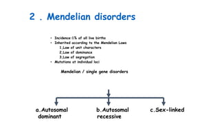2 . Mendelian disorders
• Incidence:1% of all live births
• Inherited according to the Mendelian Laws
1,Law of unit characters
2,Law of dominance
3,Law of segregation
• Mutations at individual loci
Mendelian / single gene disorders
a.Autosomal b.Autosomal c.Sex-linked
dominant recessive
 