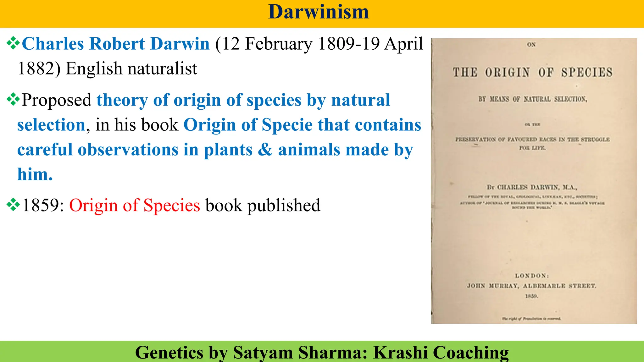 Darwinism Charles Robert Darwin Theory of origin of species by natural ...