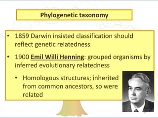 • 1859 Darwin insisted classification should
reflect genetic relatedness
• 1900 Emil Willi Henning: grouped organisms by
i...