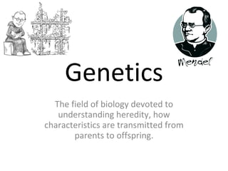 Genetics The field of biology devoted to understanding heredity, how characteristics are transmitted from parents to offspring. 