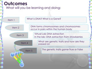Outcomes
What will you be learning and doing:


                    What is DNA? What is a Gene?
 Item 1

                       DNA forms chromosomes and chromosomes
    Item 2
                       occur in pairs within the human body

                            Virtual Lab DNA extraction
          Item 3
                            In the lab: DNA extraction from strawberries

                               What are genetic traits and how are they
             Item 4            passed on

                                  The genetic traits game-True or False
                   Item 5
 