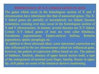 INHERITANCE OF X-Y LINKED GENES IN MAN
The genes which occur in the homologous section of X and Y
chromosomes have inheritance like that of autosomal genes. The X-
Y linked genes are partially or incompletely sex linked, because
sometimes, crossing over may occur in the homologous section of
X and Y chromosomes. In human, several diseases are X-Y linked.
Certain X-Y linked genes of man are total color blindness,
Xeroderma pigmentosum, Epiper-molysis bullosa, Retinitis
pigmentosa, spastic paraplegia etc.
In addition to those aforesaid ideas, some autosomes expression are
also influenced by the sex chromosomes called sex influenced gene,
however, the pattern of expression differs based on sex. The pattern
of baldness, forelock, absence of upper lateral incisor teeth, a type
of the enlargement of terminal joint finger, harelip, fissure in upper
lip, cleft palate are some of the instances deserve mentioning.
 