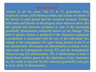 SEX LINKAGE
Almost in all the cases. The F1 & F2 generations from
reciprocal crosses yield identical results and it does not matter if
the female or male parent had the recessive character. Further,
both males and females in the progeny show identical ratios. But
this general rule becomes exception in case of the interesting
genetically phenomenon commonly known as sex linkage. This
kind of genetic feature is produced if the characters undergone
consideration is associated with the sex of the individual. Sex
linkage is the consequence of a gene being located in the X or
sex chromosome. The human sex determination is mainly of two
types-male as heterogametic having XY and the homogametic
female having XX chromosomes. The Y chromosome in male is
almost bears seldom genes for the inheritance of any characters.
So, the credit or discredit for the undesired genetically trait goes
in favor of the X chromosomes.
 