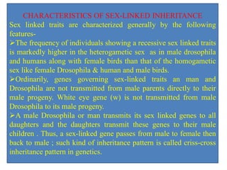 CHARACTERISTICS OF SEX-LINKED INHERITANCE
Sex linked traits are characterized generally by the following
features-
The frequency of individuals showing a recessive sex linked traits
is markedly higher in the heterogametic sex as in male drosophila
and humans along with female birds than that of the homogametic
sex like female Drosophila & human and male birds.
Ordinarily, genes governing sex-linked traits an man and
Drosophila are not transmitted from male parents directly to their
male progeny. White eye gene (w) is not transmitted from male
Drosophila to its male progeny.
A male Drosophila or man transmits its sex linked genes to all
daughters and the daughters transmit these genes to their male
children . Thus, a sex-linked gene passes from male to female then
back to male ; such kind of inheritance pattern is called criss-cross
inheritance pattern in genetics.
 
