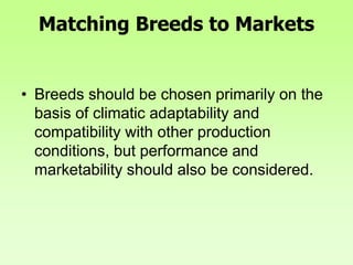 Matching Breeds to Markets
• Breeds should be chosen primarily on the
basis of climatic adaptability and
compatibility with other production
conditions, but performance and
marketability should also be considered.
 