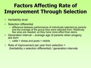 Factors Affecting Rate of
Improvement Through Selection
• Heritability level
• Selection differential
– difference between performance of individuals selected as parents
and the average of the group they were selected from. Relatively
few sires are needed, so they have more effect than dams
• Generation interval – average age of parents when progeny
are born
– cattle > sheep and goats > rabbits
• Rate of improvement per year from selection =
(heritability x selection differential) / generation intervals
 