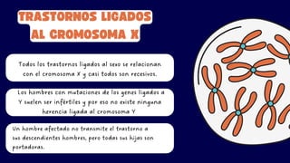 TRASTORNOS LIGADOS
AL CROMOSOMA X
Todos los trastornos ligados al sexo se relacionan
con el cromosoma X y casi todos son recesivos.
Los hombres con mutaciones de los genes ligados a
Y suelen ser infértiles y por eso no existe ninguna
herencia ligada al cromosoma Y
Un hombre afectado no transmite el trastorno a
sus descendientes hombres, pero todas sus hijas son
portadoras.
 