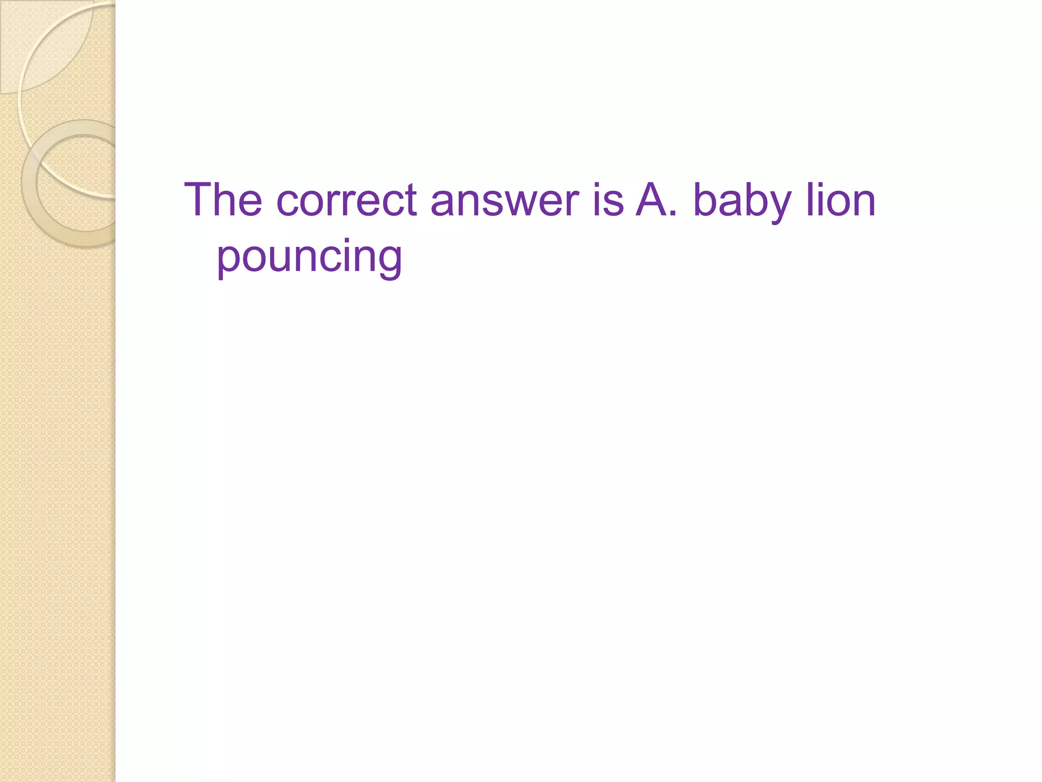 The correct answer is A. baby lion
 pouncing
 
