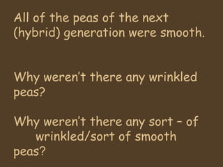 All of the peas of the next (hybrid) generation were smooth.  Why weren’t there any wrinkled peas? Why weren’t there any sort – of  wrinkled/sort of smooth peas ? 