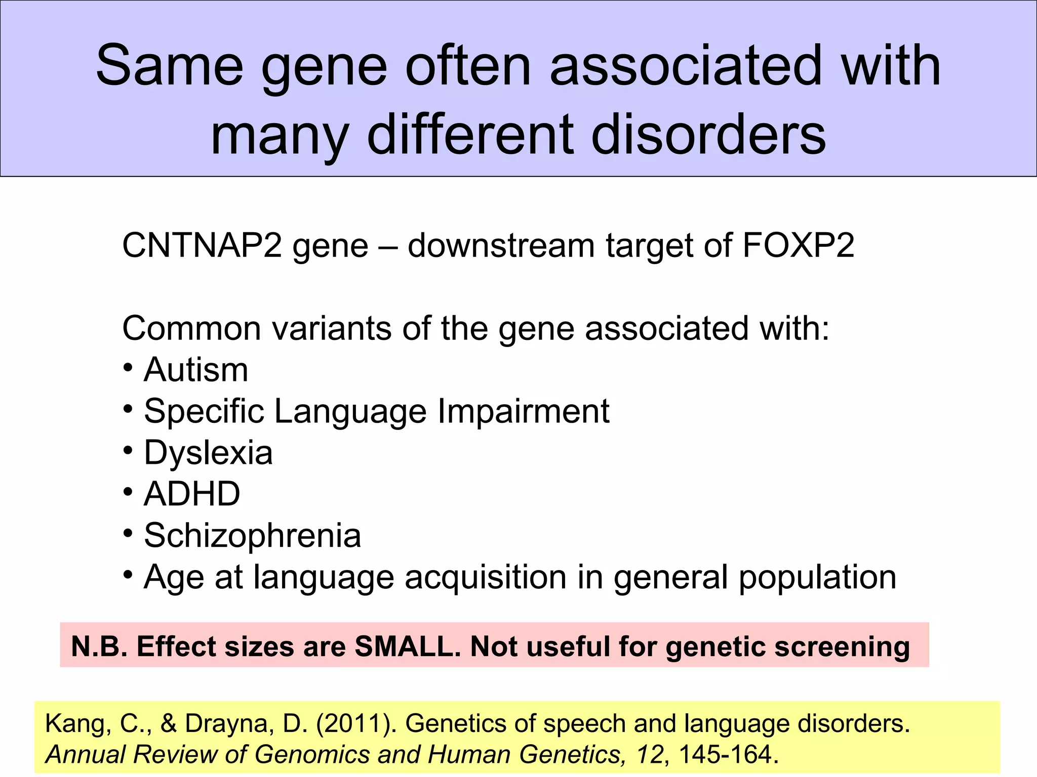 Same gene often associated with
       many different disorders
      CNTNAP2 gene – downstream target of FOXP2

      Common variants of the gene associated with:
      • Autism
      • Specific Language Impairment
      • Dyslexia
      • ADHD
      • Schizophrenia
      • Age at language acquisition in general population

  N.B. Effect sizes are SMALL. Not useful for genetic screening

Kang, C., & Drayna, D. (2011). Genetics of speech and language disorders.
Annual Review of Genomics and Human Genetics, 12, 145-164.
 