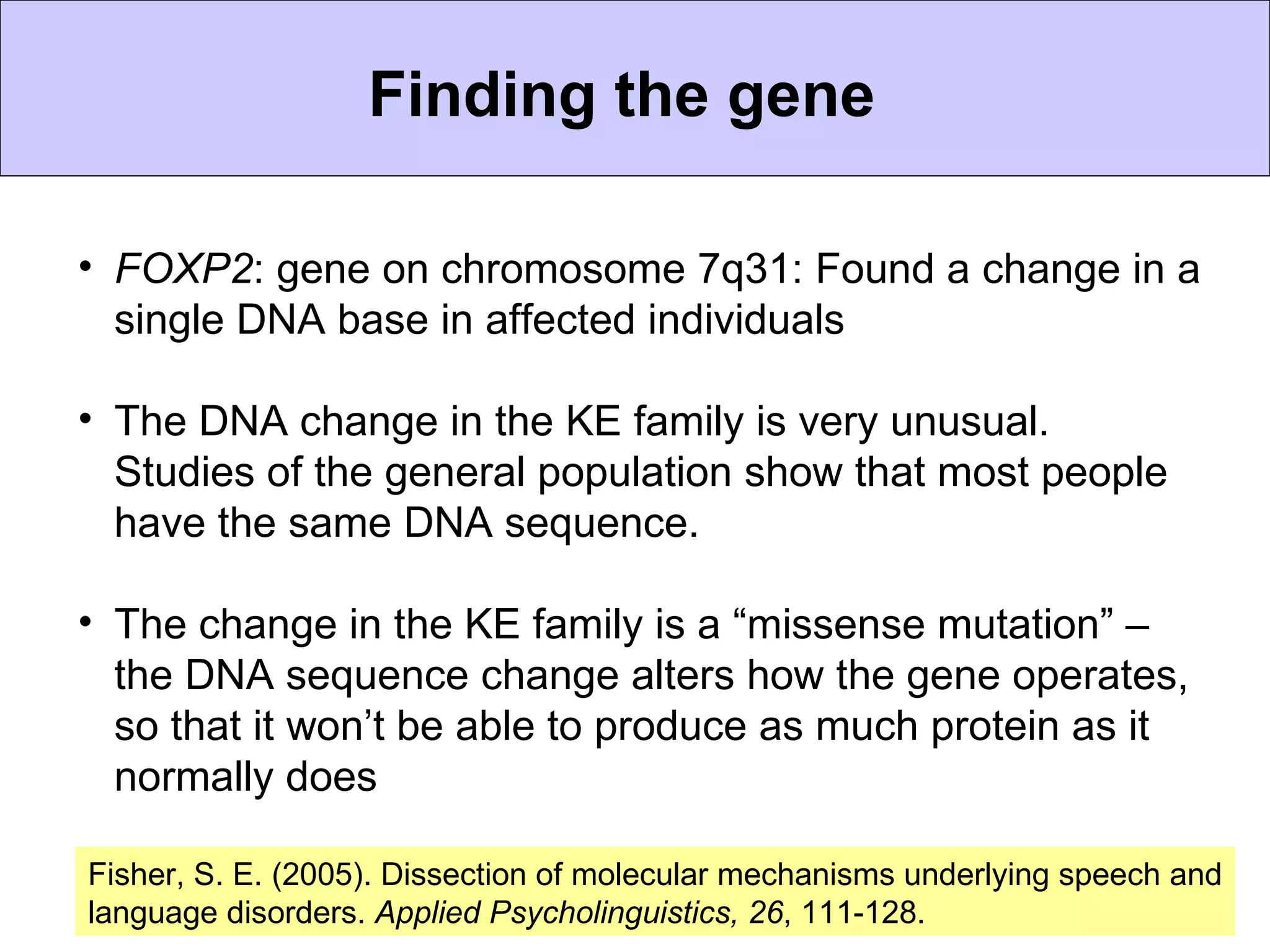 Finding the gene

• FOXP2: gene on chromosome 7q31: Found a change in a
  single DNA base in affected individuals

• The DNA change in the KE family is very unusual.
  Studies of the general population show that most people
  have the same DNA sequence.

• The change in the KE family is a “missense mutation” –
  the DNA sequence change alters how the gene operates,
  so that it won’t be able to produce as much protein as it
  normally does

Fisher, S. E. (2005). Dissection of molecular mechanisms underlying speech and
language disorders. Applied Psycholinguistics, 26, 111-128.
 