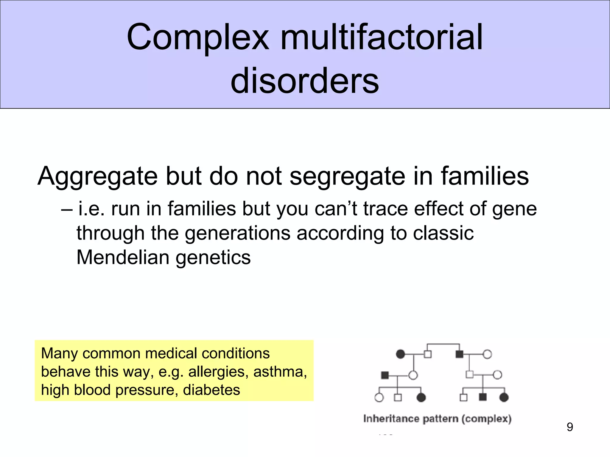 Complex multifactorial
                 disorders

Aggregate but do not segregate in families
   – i.e. run in families but you can’t trace effect of gene
     through the generations according to classic
     Mendelian genetics




Many common medical conditions
behave this way, e.g. allergies, asthma,
high blood pressure, diabetes

                                                               9
 