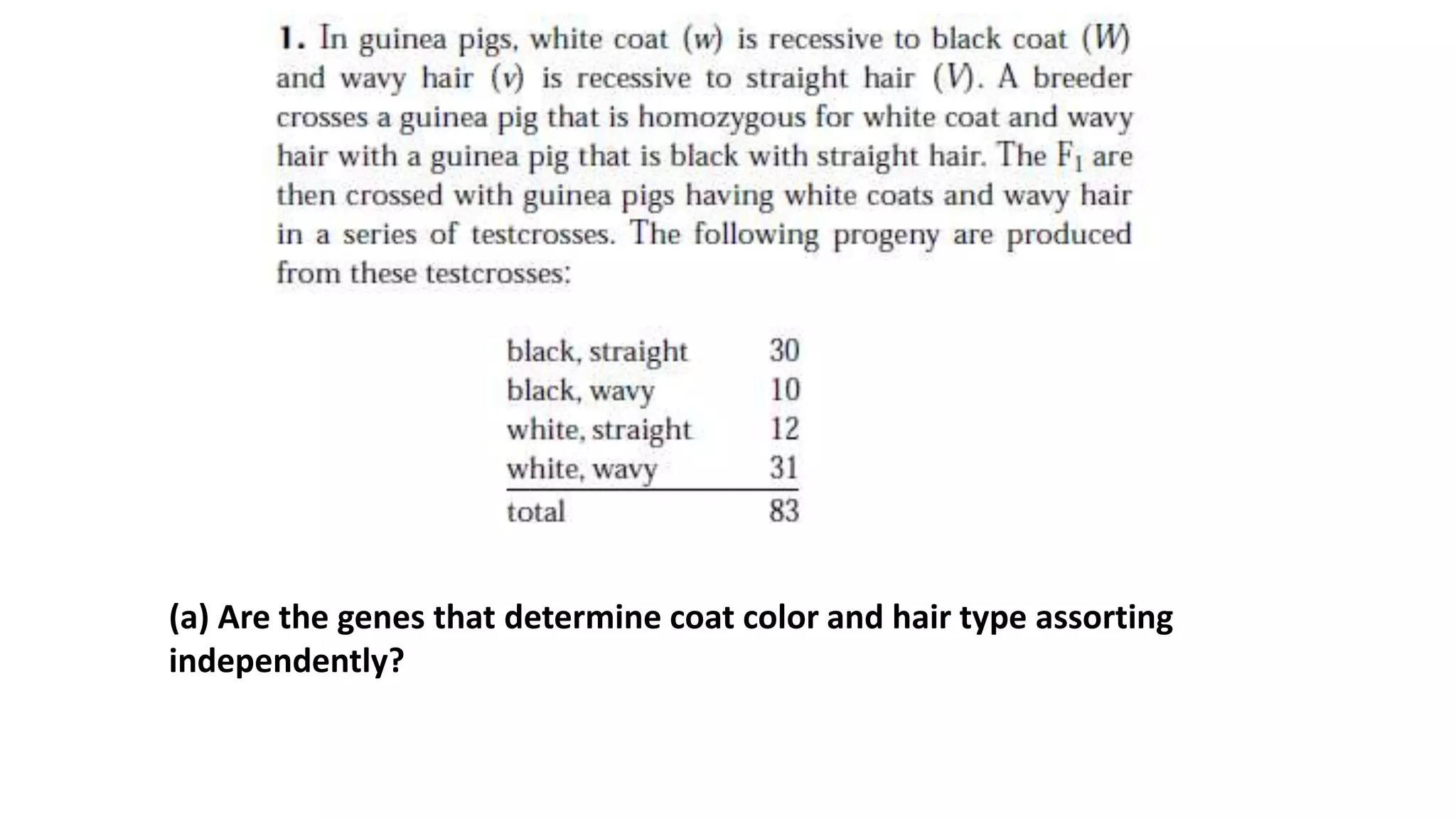 (a) Are the genes that determine coat color and hair type assorting
independently?
 