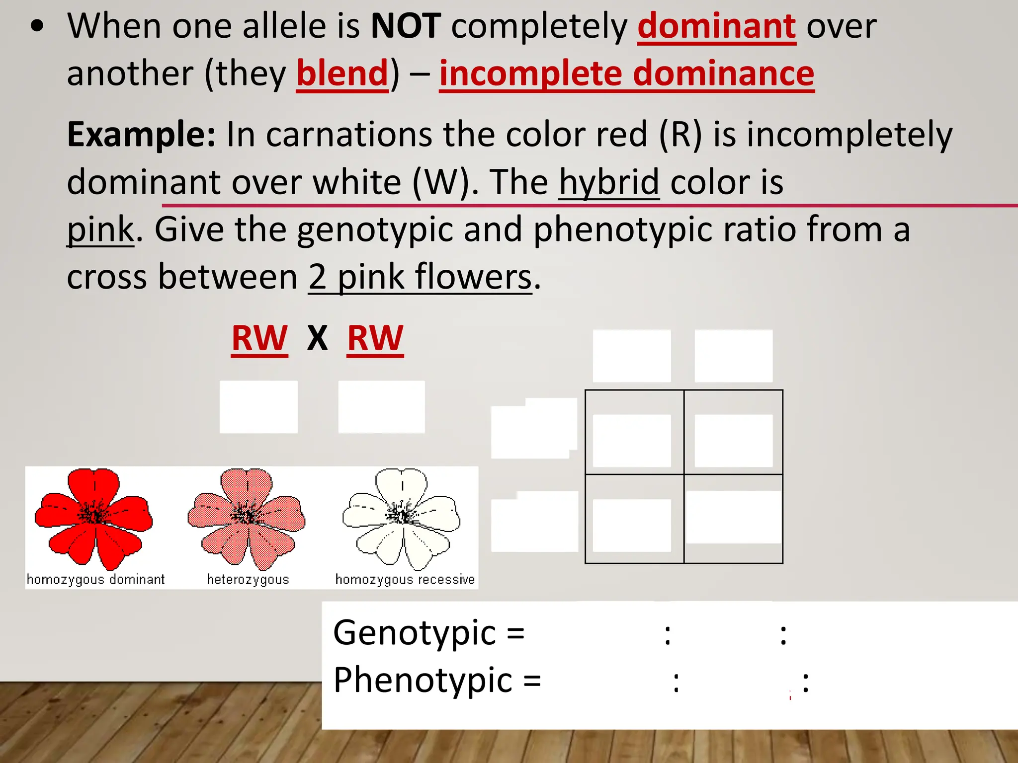 • When one allele is NOT completely dominant over
another (they blend) – incomplete dominance
Example: In carnations the color red (R) is incompletely
dominant over white (W). The hybrid color is
pink. Give the genotypic and phenotypic ratio from a
cross between 2 pink flowers.
RW X RW
RR RW
RW WW
R
W
R
W
Genotypic = 1 RR : 2 RW : 1 WW
Phenotypic = 1 red : 2 pink : 1 white
 