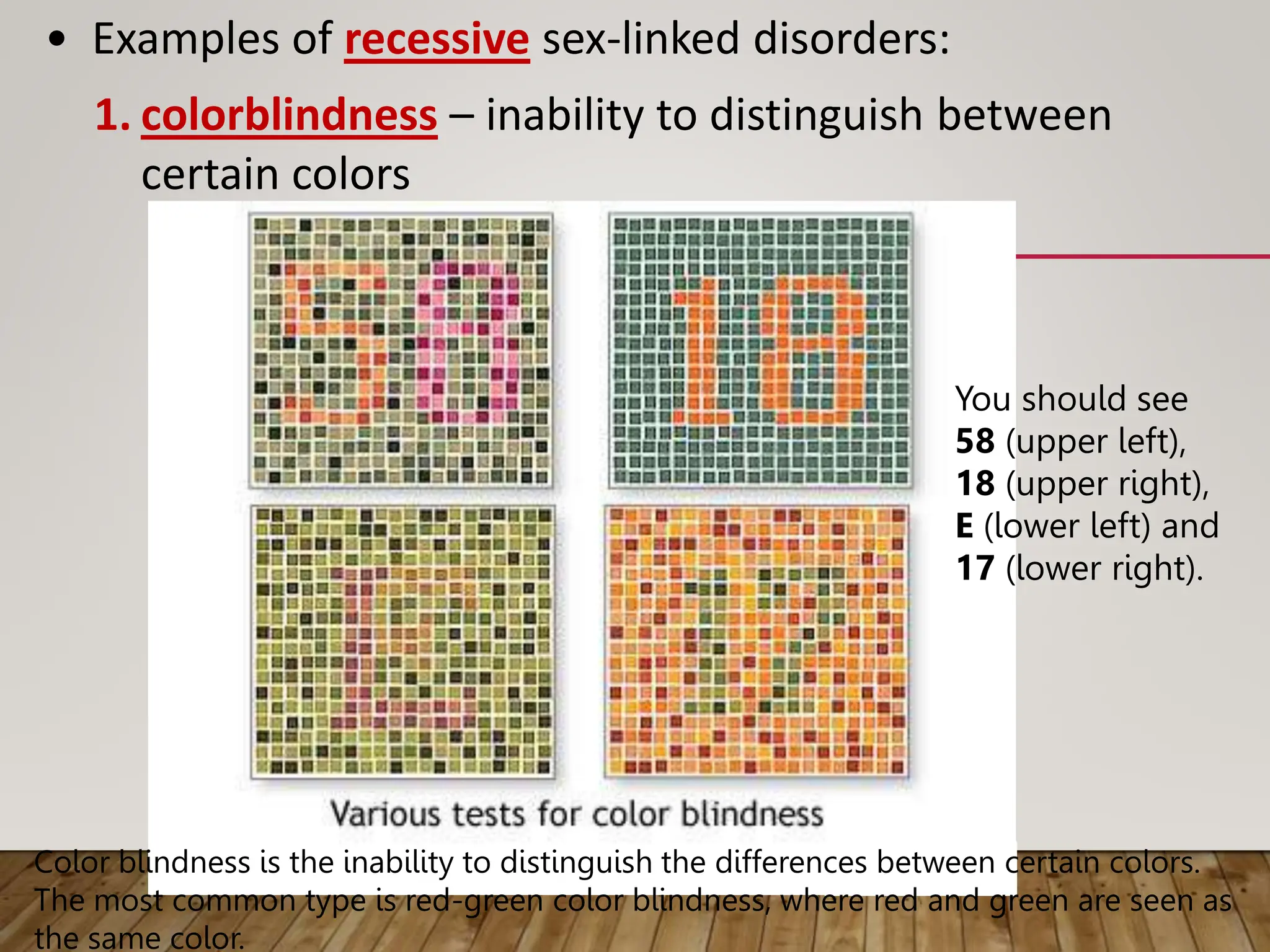 • Examples of recessive sex-linked disorders:
1. colorblindness – inability to distinguish between
certain colors
Color blindness is the inability to distinguish the differences between certain colors.
The most common type is red-green color blindness, where red and green are seen as
the same color.
You should see
58 (upper left),
18 (upper right),
E (lower left) and
17 (lower right).
 
