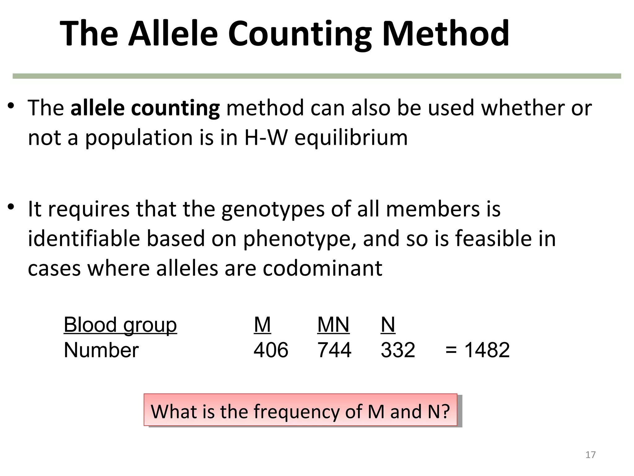 The Allele Counting Method
• The allele counting method can also be used whether or
not a population is in H-W equilibrium
• It requires that the genotypes of all members is
identifiable based on phenotype, and so is feasible in
cases where alleles are codominant
17
Blood group M MN N
Number 406 744 332 = 1482
What is the frequency of M and N?What is the frequency of M and N?
 