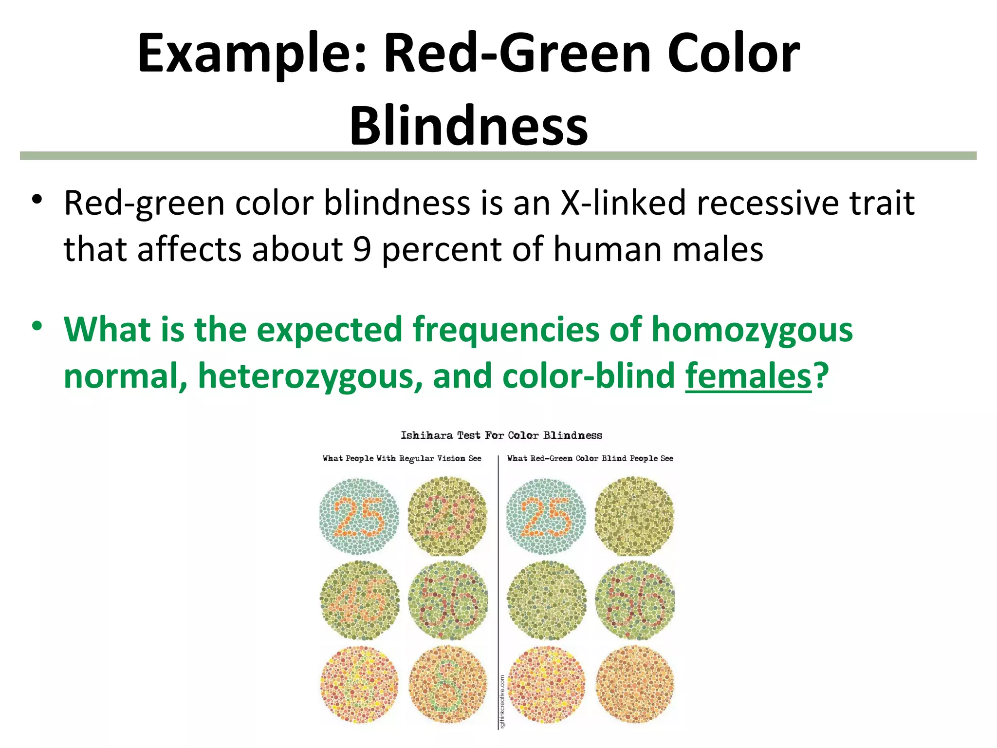 Example: Red-Green Color
Blindness
• Red-green color blindness is an X-linked recessive trait
that affects about 9 percent of human males
• What is the expected frequencies of homozygous
normal, heterozygous, and color-blind females?
 