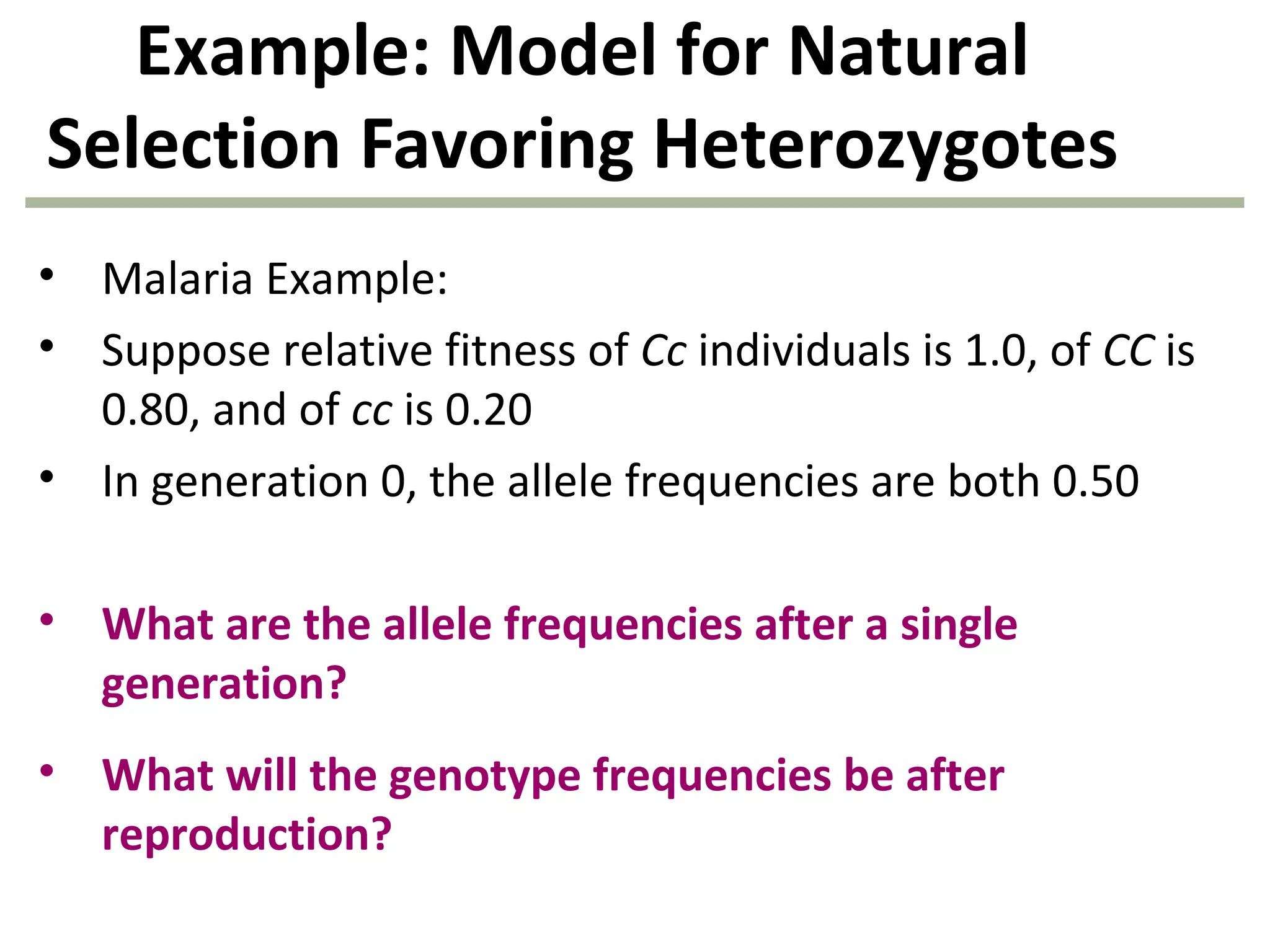 Example: Model for Natural
Selection Favoring Heterozygotes
• Malaria Example:
• Suppose relative fitness of Cc individuals is 1.0, of CC is
0.80, and of cc is 0.20
• In generation 0, the allele frequencies are both 0.50
• What are the allele frequencies after a single
generation?
• What will the genotype frequencies be after
reproduction?
 