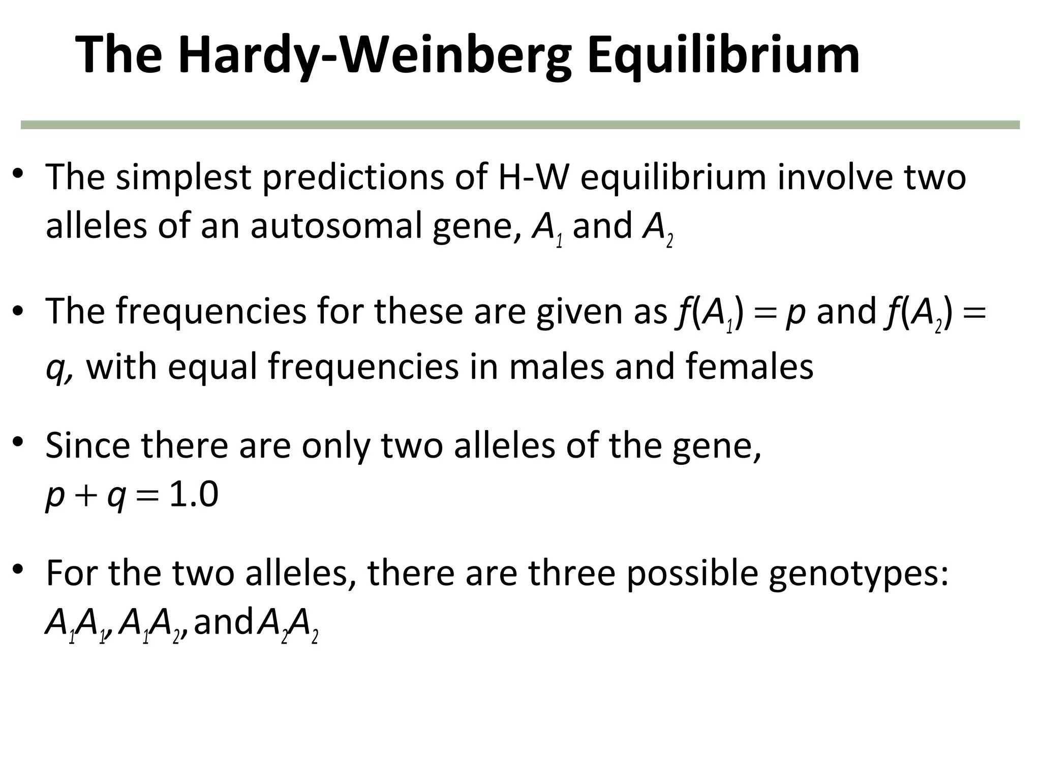 The Hardy-Weinberg Equilibrium
• The simplest predictions of H-W equilibrium involve two
alleles of an autosomal gene, A1 and A2
• The frequencies for these are given as f(A1) = p and f(A2) =
q, with equal frequencies in males and females
• Since there are only two alleles of the gene,
p + q = 1.0
• For the two alleles, there are three possible genotypes:
A1A1,A1A2,andA2A2
 