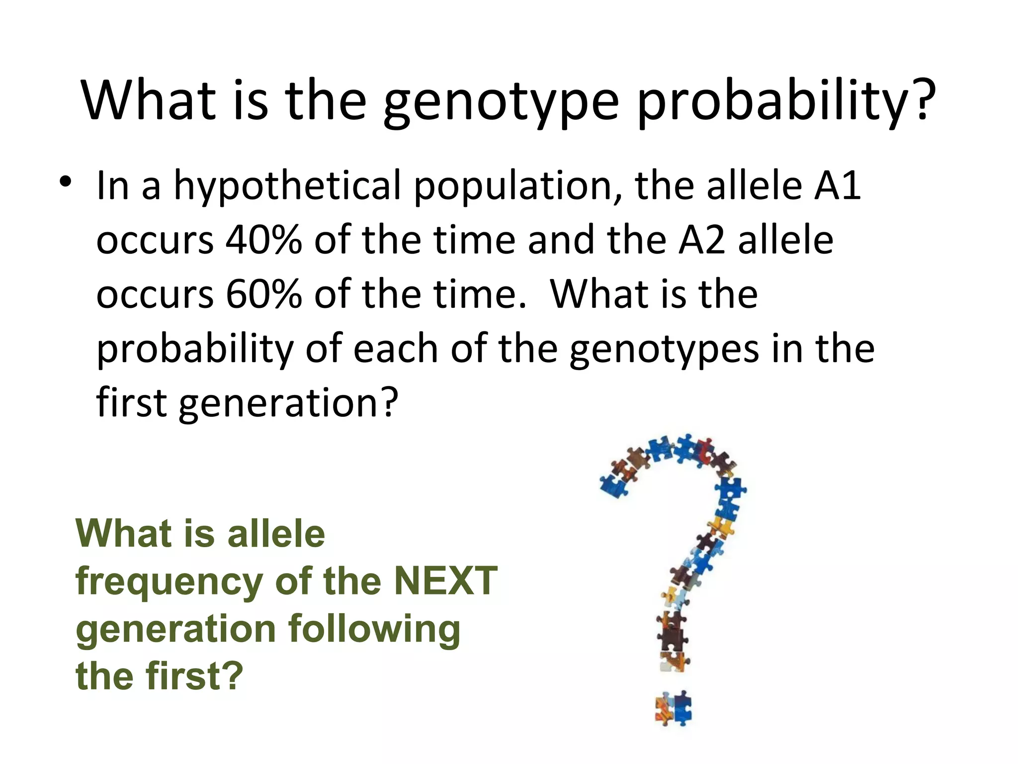 What is the genotype probability?
• In a hypothetical population, the allele A1
occurs 40% of the time and the A2 allele
occurs 60% of the time. What is the
probability of each of the genotypes in the
first generation?
What is allele
frequency of the NEXT
generation following
the first?
 