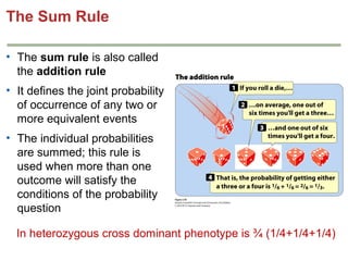 The Sum Rule
• The sum rule is also called
the addition rule
• It defines the joint probability
of occurrence of any two or
more equivalent events
• The individual probabilities
are summed; this rule is
used when more than one
outcome will satisfy the
conditions of the probability
question
In heterozygous cross dominant phenotype is ¾ (1/4+1/4+1/4)

 
