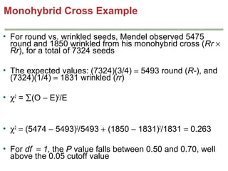 Monohybrid Cross Example
• For round vs. wrinkled seeds, Mendel observed 5475
round and 1850 wrinkled from his monohybrid cross (Rr ×
Rr), for a total of 7324 seeds
• The expected values: (7324)(3/4) = 5493 round (R-), and
(7324)(1/4) = 1831 wrinkled (rr)
• χ2 = ∑(O − E)2/E
• χ2 = (5474 − 5493)2/5493 + (1850 − 1831)2/1831 = 0.263
• For df = 1, the P value falls between 0.50 and 0.70, well
above the 0.05 cutoff value

 