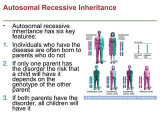 Autosomal Recessive Inheritance
Autosomal recessive
inheritance has six key
features:
1. Individuals who have the
disease are often born to
parents who do not
2. If only one parent has
the disorder the risk that
a child will have it
depends on the
genotype of the other
parent
3. If both parents have the
disorder, all children will
have it
•

 