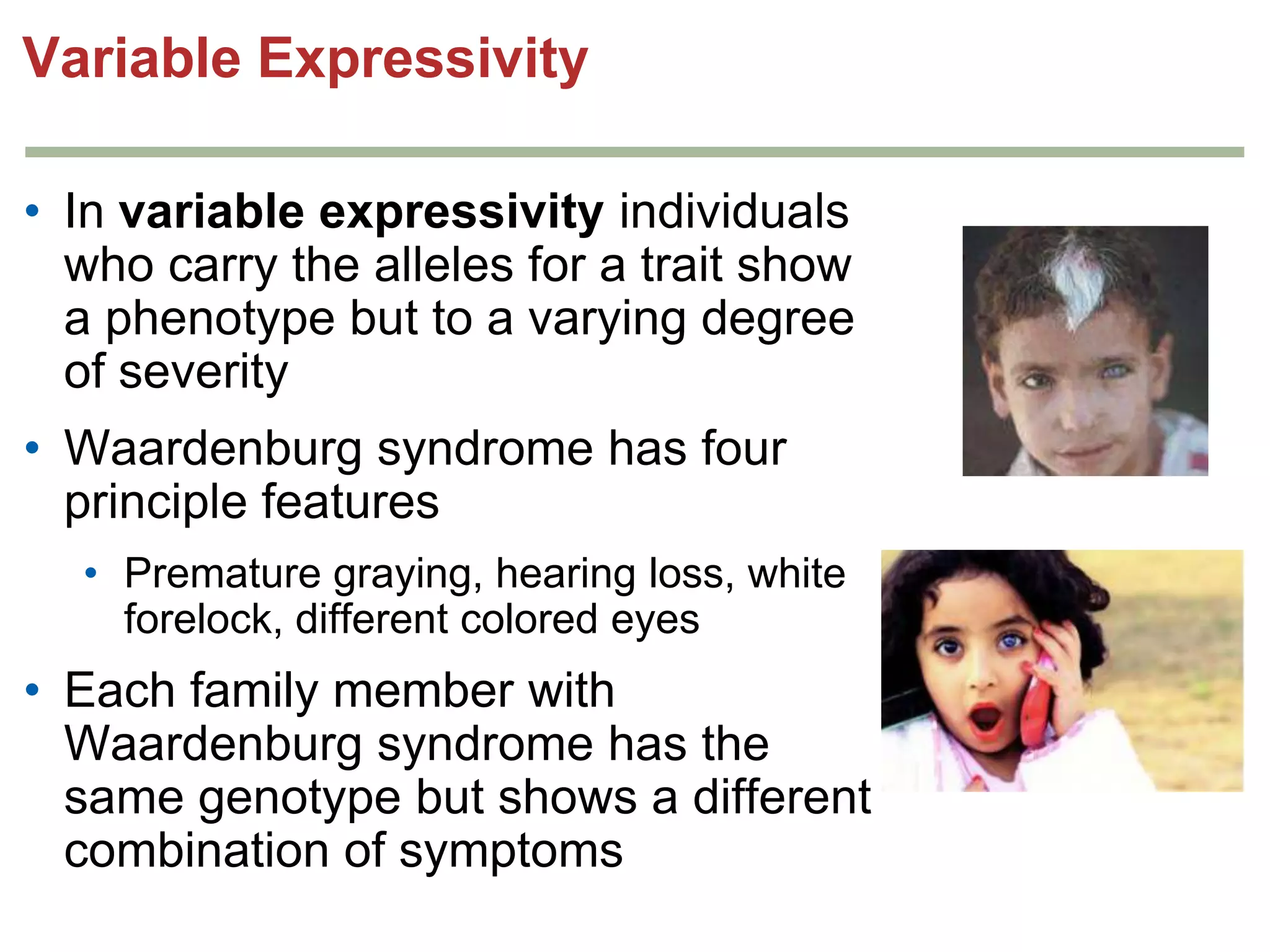 Variable Expressivity
• In variable expressivity individuals
who carry the alleles for a trait show
a phenotype but to a varying degree
of severity
• Waardenburg syndrome has four
principle features
• Premature graying, hearing loss, white
forelock, different colored eyes

• Each family member with
Waardenburg syndrome has the
same genotype but shows a different
combination of symptoms

 