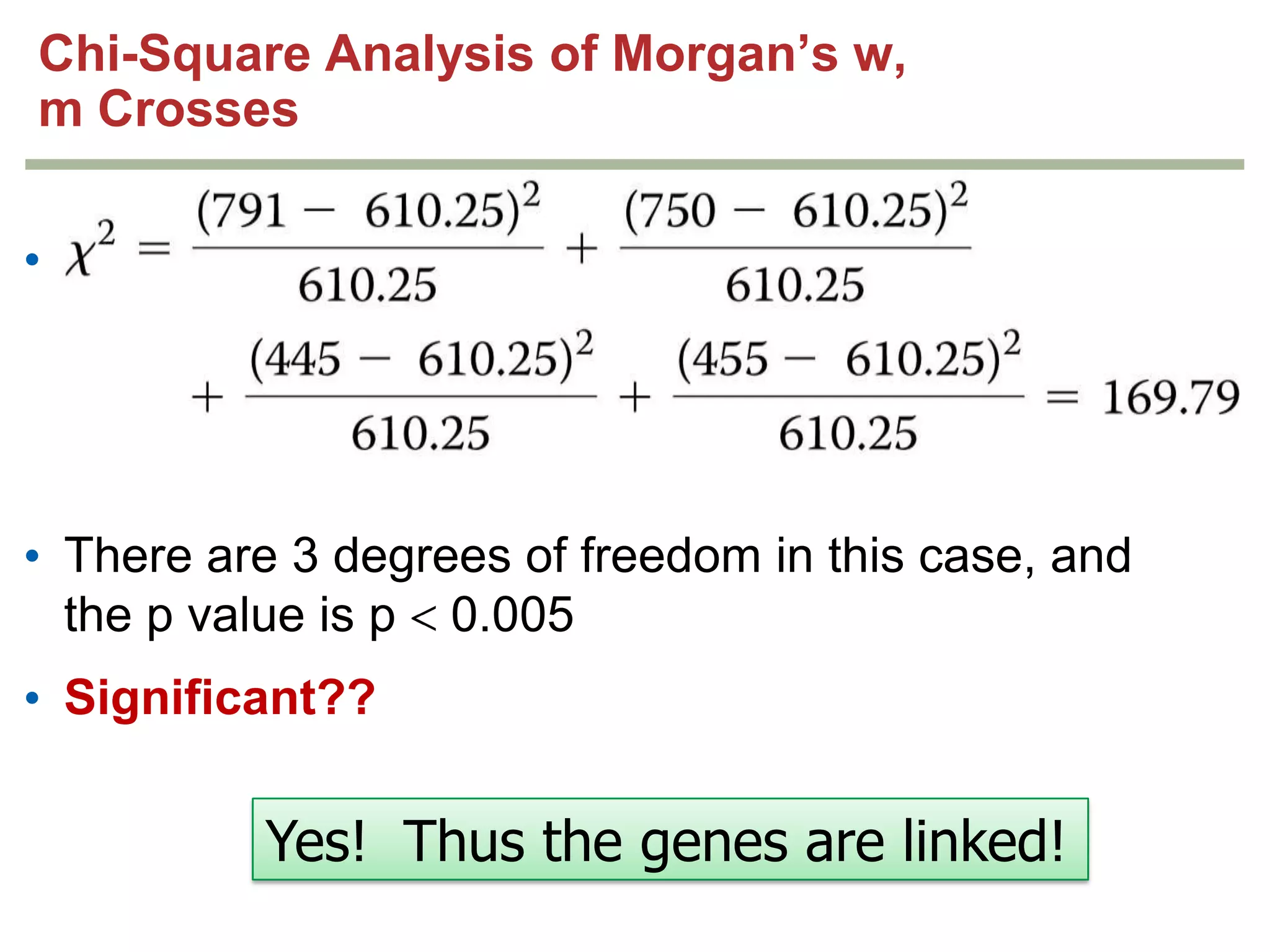 Chi-Square Analysis of Morgan’s w,
m Crosses
•

• There are 3 degrees of freedom in this case, and
the p value is p 0.005
• Significant??

Yes! Thus the genes are linked!

 