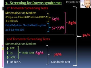 Dr.Padmesh. V
3. Screening for Downs syndrome:
 1st Trimester Screening Tests
Maternal Serum Markers
-Preg. asso. Placental Protein A (PAPP-A)
-Free ß hCG
Fetal Marker- Nuchal fold> 4mm
at 8-12 wks GA


 2nd Trimester Screening Tests
Maternal Serum Markers
  AFP
  E3        Triple Test
  hCG
  Inhibin A                                 Quadruple Test
 