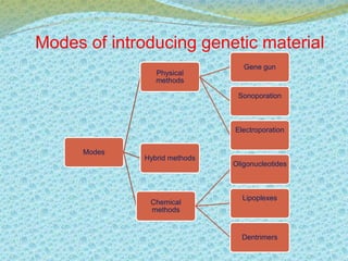Modes of introducing genetic material 
Modes 
Physical 
methods 
Gene gun 
Sonoporation 
Electroporation 
Hybrid methods 
Chemical 
methods 
Oligonucleotides 
Lipoplexes 
Dentrimers 
 
