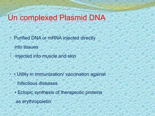 Un complexed Plasmid DNA 
 Purified DNA or mRNA injected directly 
into tissues 
 Injected into muscle and skin 
 • Utility in immunization/ vaccination against 
Infectious diseases 
• Ectopic synthesis of therapeutic proteins 
as erythropoietin. 
 
