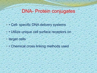 DNA- Protein conjugates 
 • Cell- specific DNA delivery systems 
 • Utilize unique cell surface receptors on 
 target cells 
 • Chemical cross linking methods used 
 