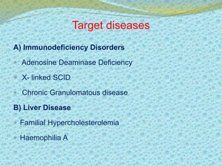 A) Immunodeficiency Disorders 
 Adenosine Deaminase Deficiency 
 X- linked SCID 
 Chronic Granulomatous disease 
B) Liver Disease 
 Familial Hypercholesterolemia 
 Haemophilia A 
Target diseases 
 