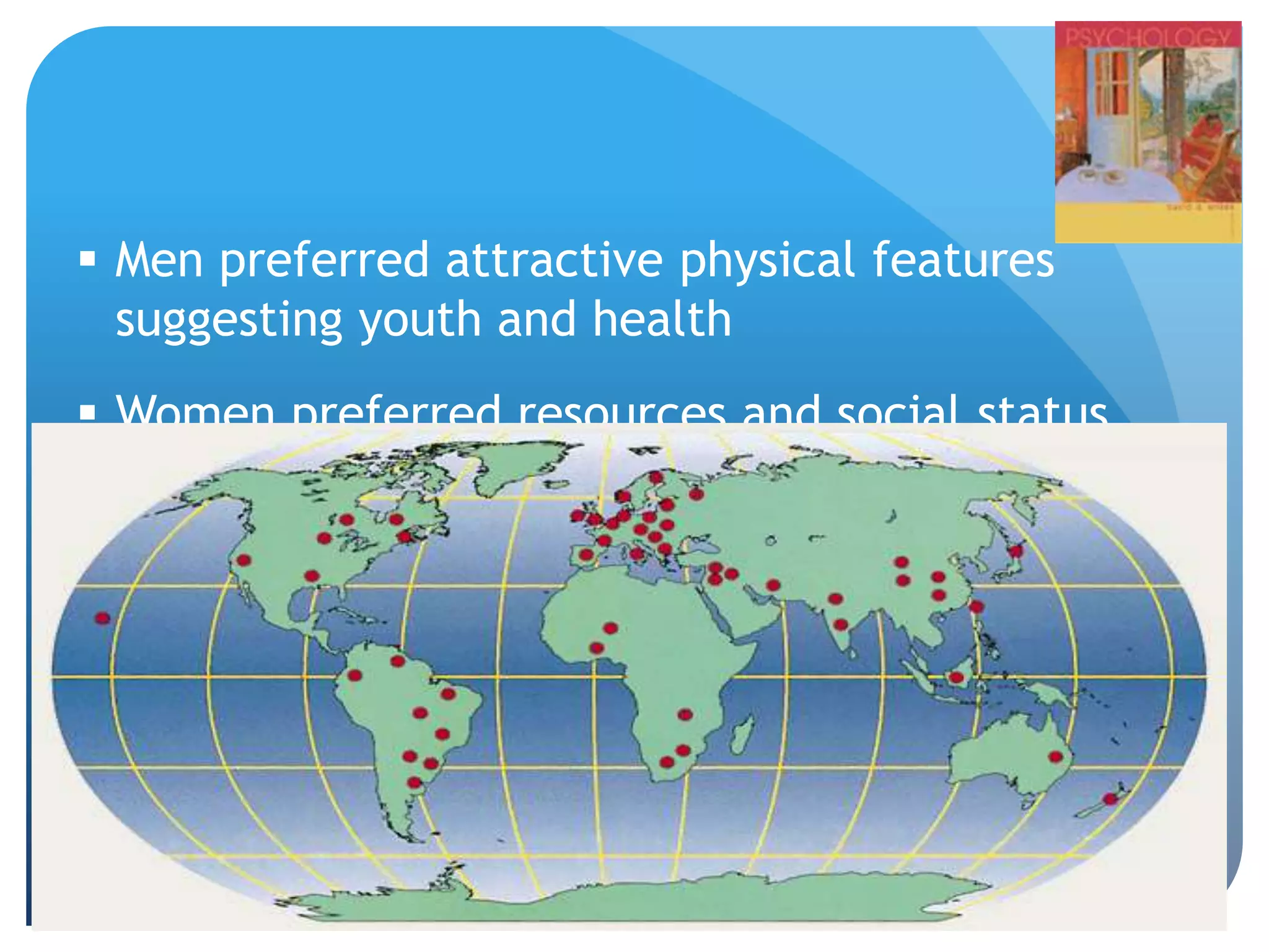 Evolutionary Psychology
 Men preferred attractive physical features
suggesting youth and health
 Women preferred resources and social status
 