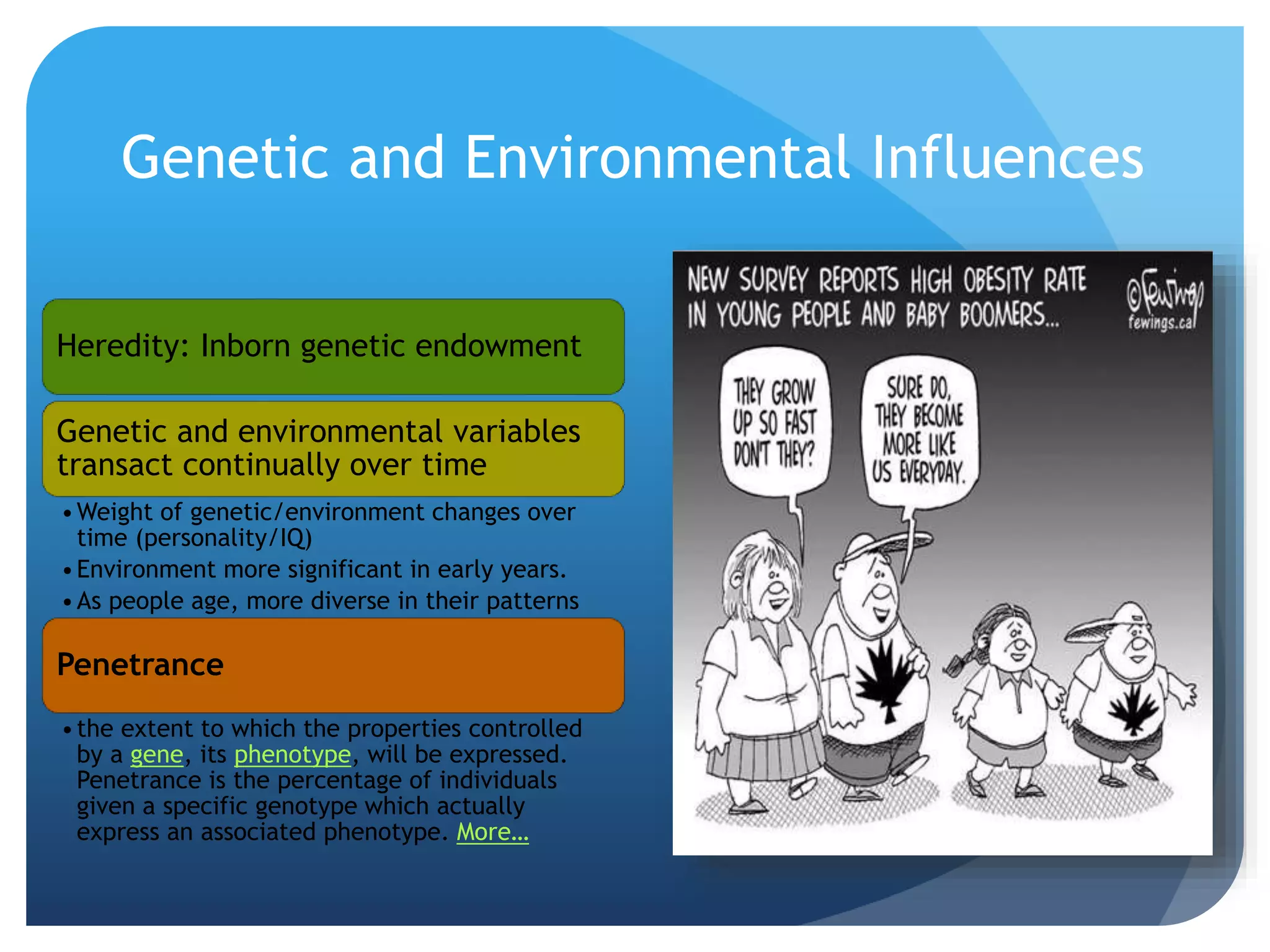 Genetic and Environmental Influences
Heredity: Inborn genetic endowment
Genetic and environmental variables
transact continually over time
•Weight of genetic/environment changes over
time (personality/IQ)
•Environment more significant in early years.
•As people age, more diverse in their patterns
Penetrance
•the extent to which the properties controlled
by a gene, its phenotype, will be expressed.
Penetrance is the percentage of individuals
given a specific genotype which actually
express an associated phenotype. More…
 