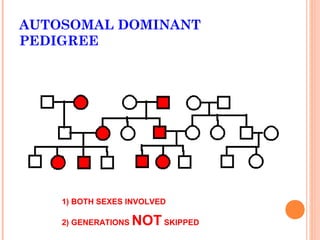 AUTOSOMAL DOMINANT
PEDIGREE




    1) BOTH SEXES INVOLVED

    2) GENERATIONS   NOT SKIPPED
 