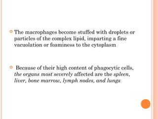    The macrophages become stuffed with droplets or
    particles of the complex lipid, imparting a fine
    vacuolation or foaminess to the cytoplasm



    Because of their high content of phagocytic cells,
    the organs most severely affected are the spleen,
    liver, bone marrow, lymph nodes, and lungs
 