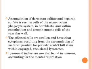  Accumulation of dermatan sulfate and heparan
  sulfate is seen in cells of the mononuclear
  phagocyte system, in fibroblasts, and within
  endothelium and smooth muscle cells of the
  vascular wall.
 The affected cells are swollen and have clear
  cytoplasm, resulting from the accumulation of
  material positive for periodic acid-Schiff stain
  within engorged, vacuolated lysosomes.
 Lysosomal inclusions are also found in neurons,
  accounting for the mental retardation
 
