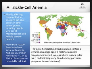 Sickle cell anemia is a blood disorder
affecting hemoglobin, the protein found
in red blood cells (RBCs), which carries
oxygen throughout the body.
Sickle cell anemia occurs when a person
inherits two abnormal genes (one from
each parent) that cause their RBCs to
change shape.
Instead of being flexible and disc-
shaped, these cells are more stiff and
curved in the shape of the old farm tool
known as a sickle — that's where the
disease gets its name.
The shape is similar to a crescent moon.
Sickle-Cell Anemia
35
 