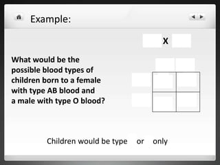 A B
What would be the
possible blood types of
children born to a female
with type AB blood and
a male with type O blood?
AB X OO
AO BO
AO BO
O
O
Children would be type A or B only
Example:
 