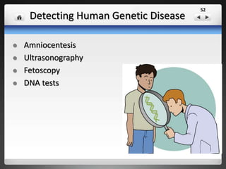 Detecting Human Genetic Disease
 Sonography is used to visualize the
embryo or foetus in its mother's uterus
(womb).
 The procedure is often a standard part
of prenatal care, as it yields a variety of
information regarding the health of the
mother and of the fetus, as well as
regarding the progress of the
pregnancy.
Ultrasonography
52
 