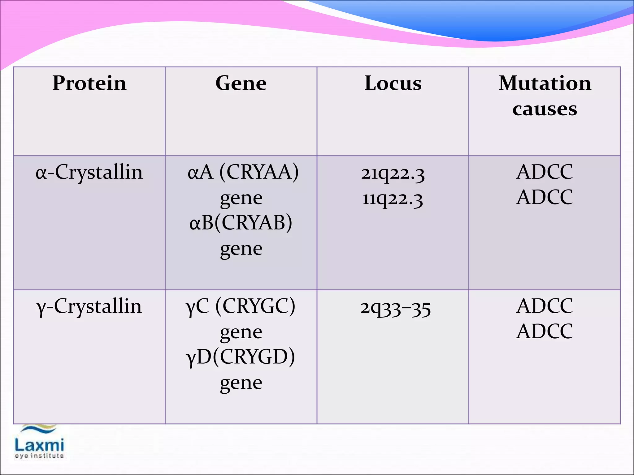 Protein Gene Locus Mutation
causes
α-Crystallin αA (CRYAA)
gene
αB(CRYAB)
gene
21q22.3
11q22.3
ADCC
ADCC
γ-Crystallin γC (CRYGC)
gene
γD(CRYGD)
gene
2q33–35 ADCC
ADCC
 