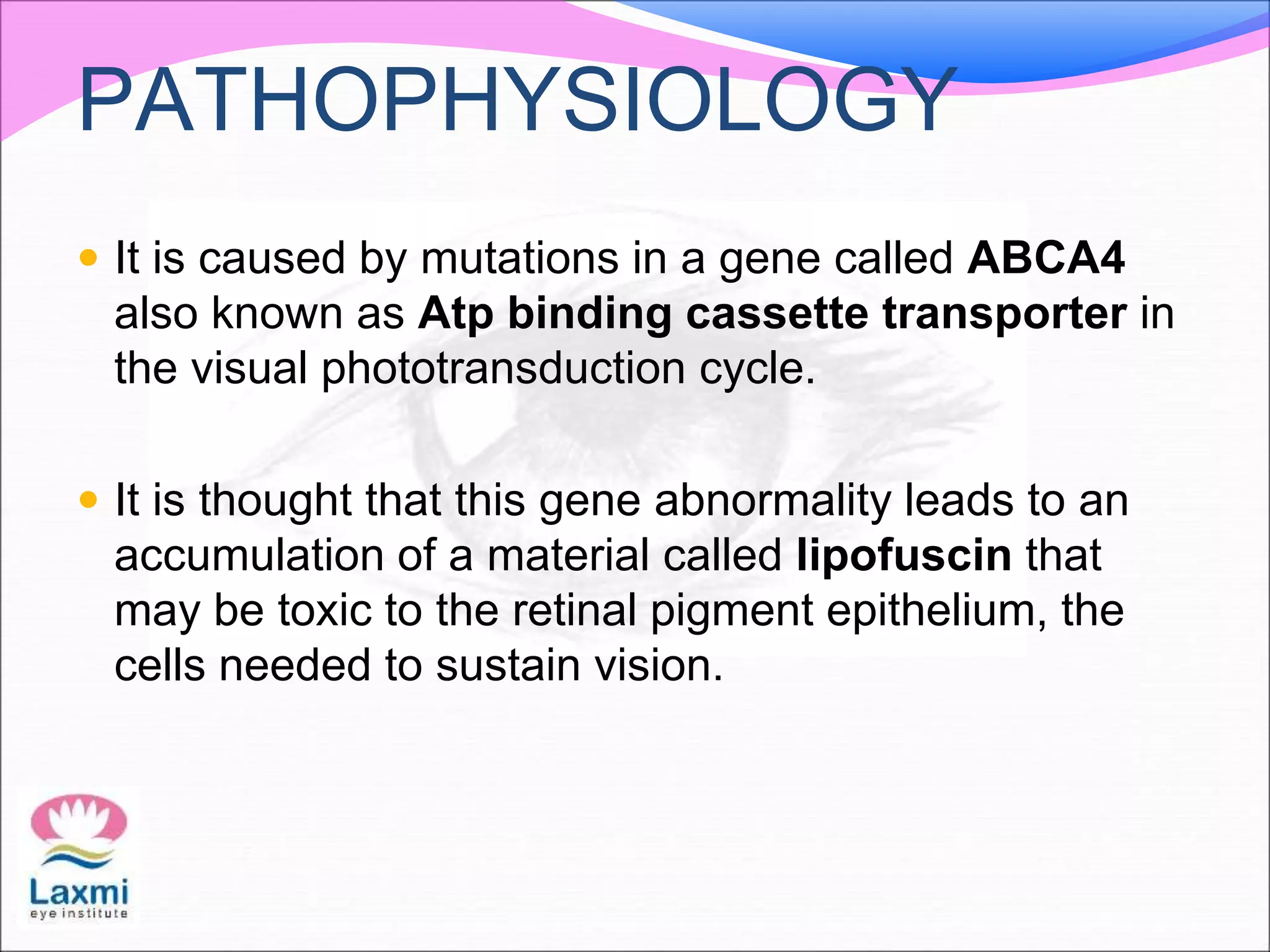 PATHOPHYSIOLOGY
 It is caused by mutations in a gene called ABCA4
also known as Atp binding cassette transporter in
the visual phototransduction cycle.
 It is thought that this gene abnormality leads to an
accumulation of a material called lipofuscin that
may be toxic to the retinal pigment epithelium, the
cells needed to sustain vision.
 