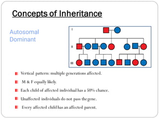 Vertical pattern: multiple generations affected.
M & F equally likely.
Each child of affected individual has a 50% chance.
Unaffected individuals do not pass thegene.
Every affected child has an affected parent.
Autosomal
Dominant
Concepts of Inheritance
 