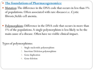  The foundationsof Pharmacogenomics:
 Mutation:The difference in the DNA code that occurs in less than 1%
of populations.Often associated with rare diseases i.e. Cystic
fibrosis,Sickle cell anemia.
 Polymorphism:Difference in the DNA code that occurs in more than
1% of the populations.A single polymorphism is less likely to be the
main cause of a disease. Often have no visible clinical impact.
Types of polymorphisms:
1. Single nucleotide polymorphism
2. Insertion/Deletion polymorphism
3. Gene duplication
4. Gene deletion
 