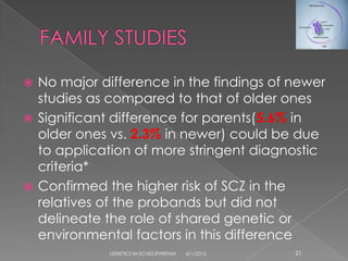  No major difference in the findings of newer
  studies as compared to that of older ones
 Significant difference for parents(5.6% in
  older ones vs. 2.3% in newer) could be due
  to application of more stringent diagnostic
  criteria*
 Confirmed the higher risk of SCZ in the
  relatives of the probands but did not
  delineate the role of shared genetic or
  environmental factors in this difference
             GENETICS IN SCHIZOPHRENIA   6/1/2012   21
 