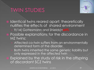    Identical twins reared apart: theoretically
    nullifies the effects of shared environment
    › 9/14( Gottesmann and Shields)=64%
   Possible explanations for the discordance in
    MZ twins:
    › Affected co-twin suffers from an environmentally
      determined form of the disorder
    › Both twins inherited the same genetic liability but
      only expressed in the affected twin
   Explained by the study of risk in the offspring
    of discordant SCZ twins
                GENETICS IN SCHIZOPHRENIA   6/1/2012   29
 