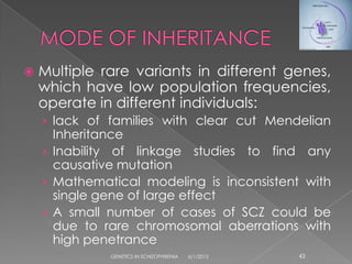    Multiple rare variants in different genes,
    which have low population frequencies,
    operate in different individuals:
    › lack of families with clear cut Mendelian
      Inheritance
    › Inability of linkage studies to find any
      causative mutation
    › Mathematical modeling is inconsistent with
      single gene of large effect
    › A small number of cases of SCZ could be
      due to rare chromosomal aberrations with
      high penetrance
              GENETICS IN SCHIZOPHRENIA   6/1/2012   43
 